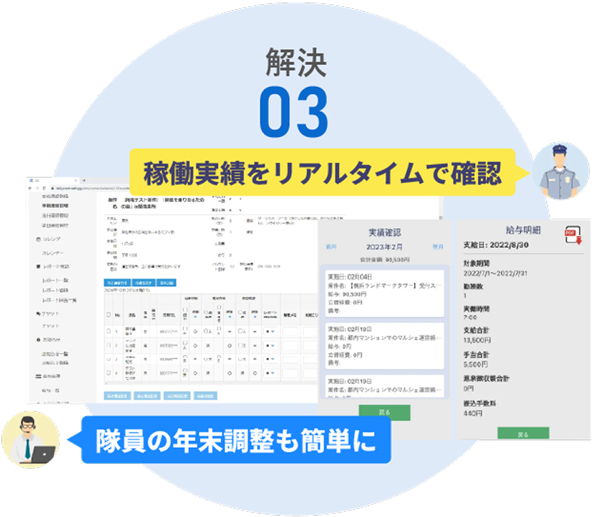 隊員の稼働実績を一発確認。請求額の自動算出、請求書発行もらくらく！